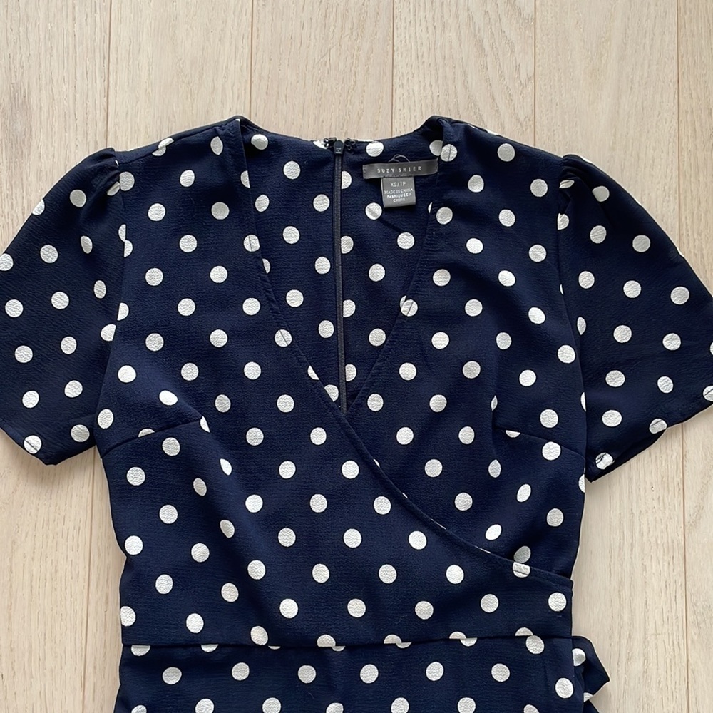 Suzy Shier Navy Blue and White Polka Dot Wrap Dress - Picture 2 of 8